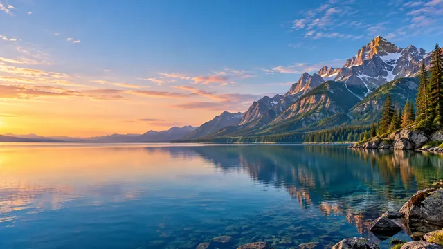 Lake with mountains on the right and open water on the left