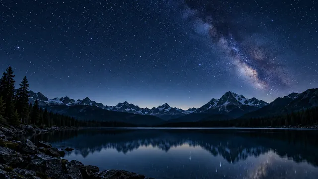 Starry sky over a dark mountain lake
