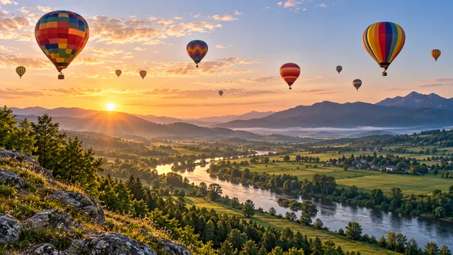 Colourful hot-air balloons over a green valley