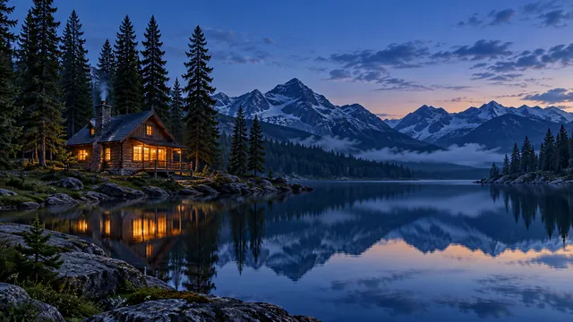 Lake cabin at blue hour