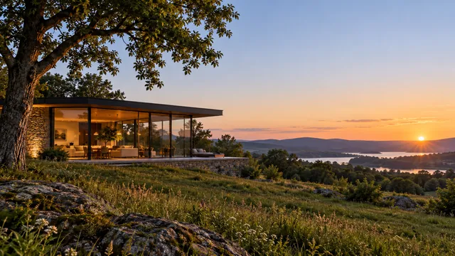 Glass house in a meadow at sunset
