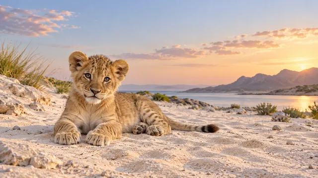 Lion cub resting on sand