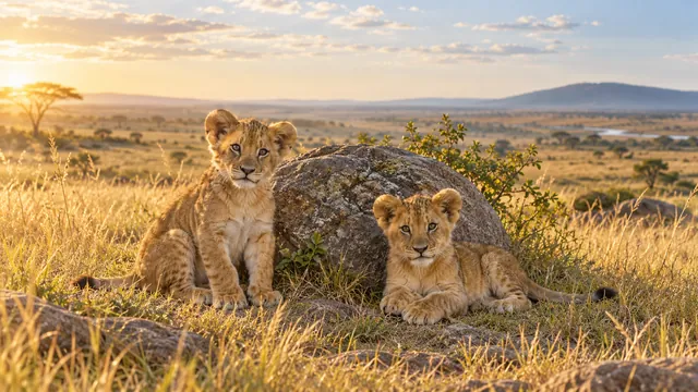 Lion cubs beside a rock