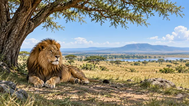 Lion resting beneath a tree