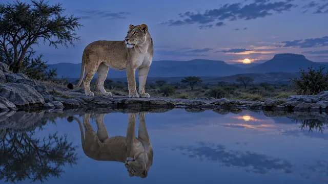 Lioness beside still water