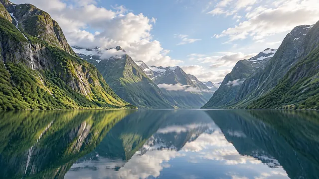 Fjord beneath pale clouds
