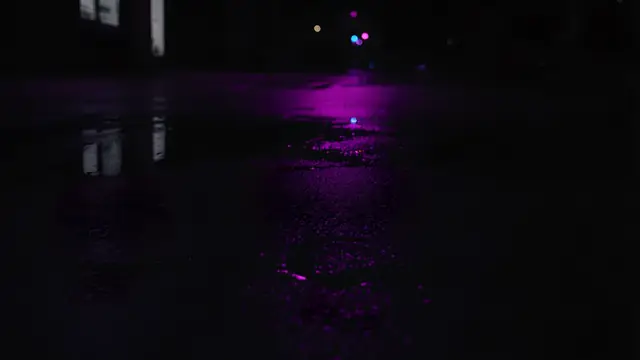 Purple light reflected on wet black pavement at night