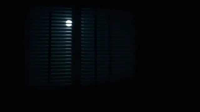 Moonlight through window blinds casting stripes on a dark wall