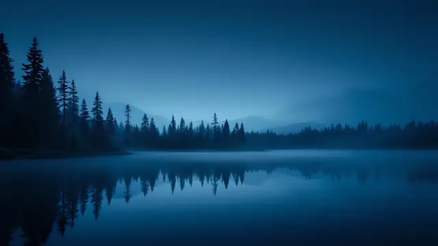 A misty lake at blue hour with black pine silhouettes