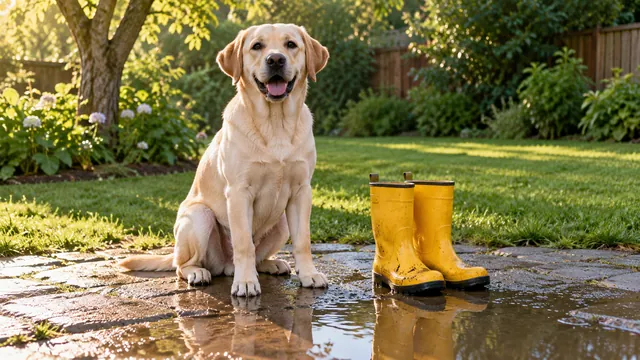 Sunny Labrador beside rain boots