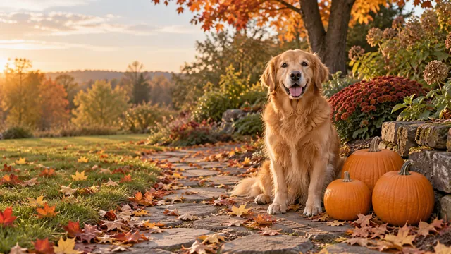 Dog beside autumn pumpkins