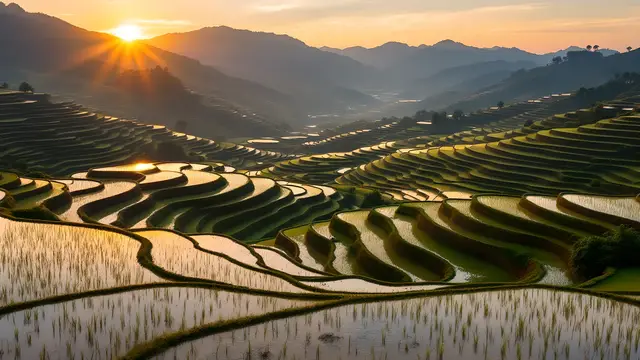 Terraced rice fields at sunrise