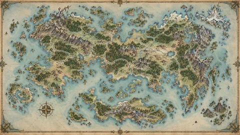 Detailed invented islands with jagged coasts, mountain ranges, forests and rivers