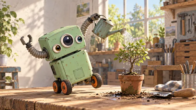 Playful robot watering a small tree