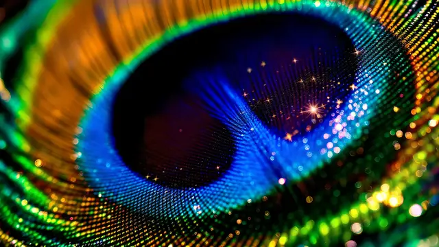 Peacock feather under bright direct light with sparkling highlights