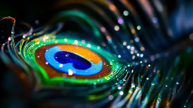 A peacock feather dotted with water drops that sparkle in bright sunlight