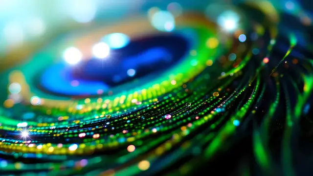 Peacock feather barbs in front of soft sparkling lights