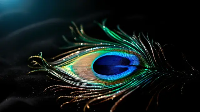 A single peacock feather glinting under a narrow spotlight on black velvet