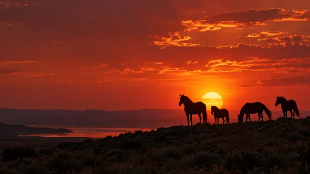 Horse silhouettes under a red sky