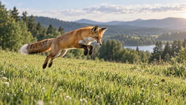 Fox leaping through a meadow