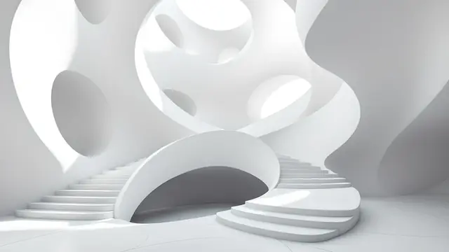 Curving white sculpted walls and stairs in soft light