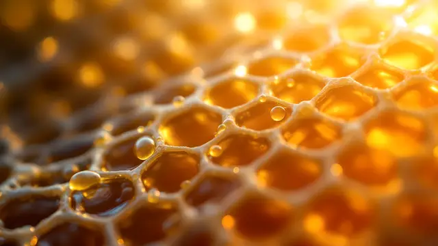 Honeycomb cells filled with golden honey, backlit