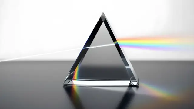A glass prism splitting white light into a rainbow on a dark surface