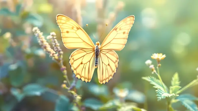 A pastel-toned butterfly with wings spread in diffused light