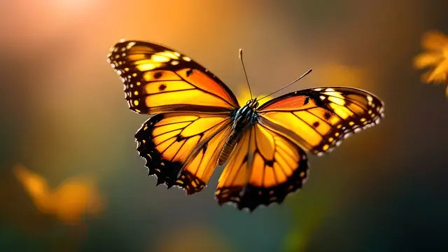 A butterfly with open wings, lit warmly from behind
