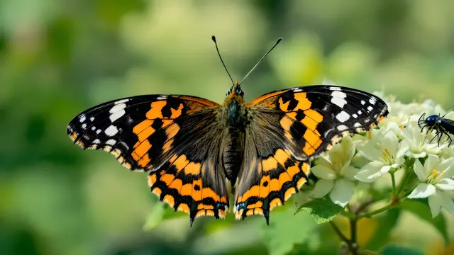 A butterfly resting on a pale flower, soft focus background