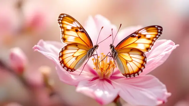 Two butterflies resting side by side on a pink blossom
