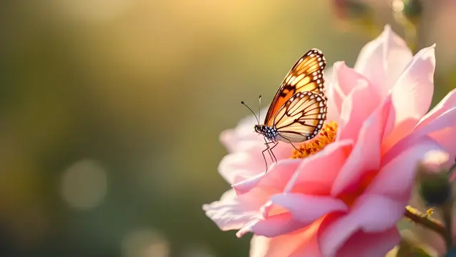 A butterfly on a pink rose petal in warm soft light