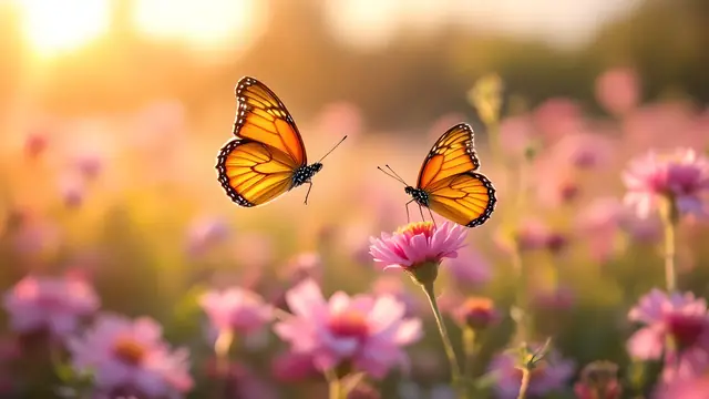 Two orange butterflies flying over pink wildflowers at golden hour