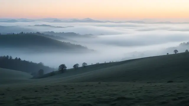 Fog rolling over a quiet valley at dawn