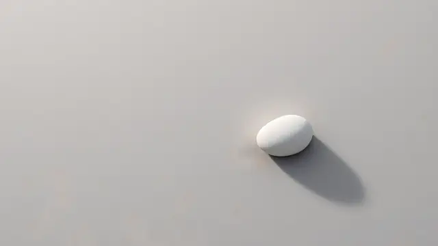 A single smooth white pebble casting a soft shadow on a grey surface