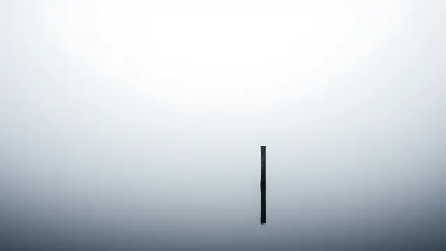 A foggy lake with a single wooden post in the water