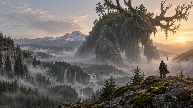 Traveller facing an invented forest creature