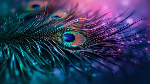 A whole peacock feather laid diagonally, softly lit
