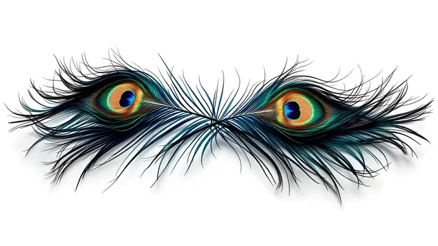 Two peacock feathers crossed under low-contrast light