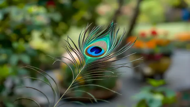 Peacock feather in front of a soft blurred background