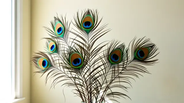 Several peacock feathers standing in a clear glass vase by a sunny window