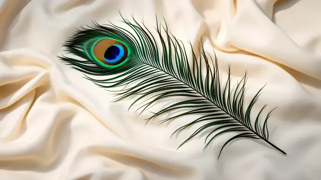 One long peacock feather resting on cream linen in soft daylight