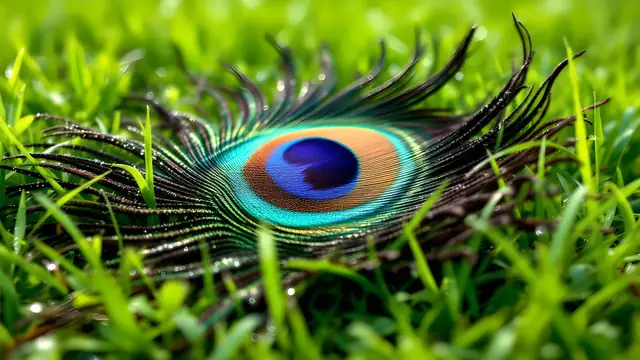 A peacock feather lying on green grass with morning dew