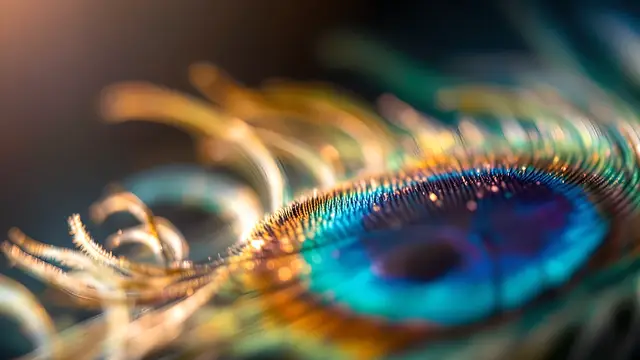 Peacock feather barbs catching soft window light