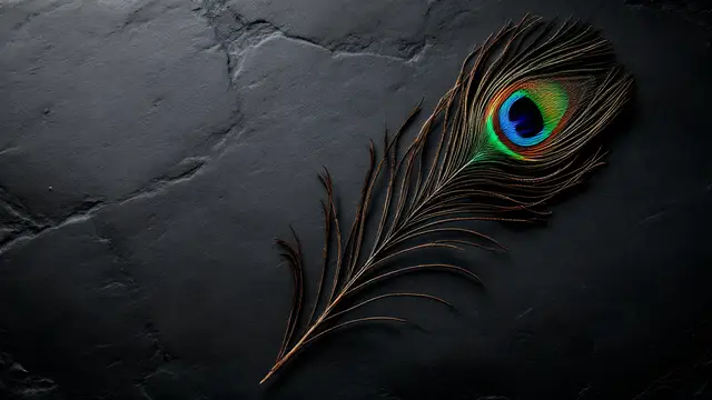 A single peacock feather on a dark slate surface