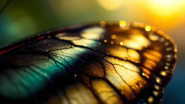 Butterfly wing veins backlit by soft sunlight