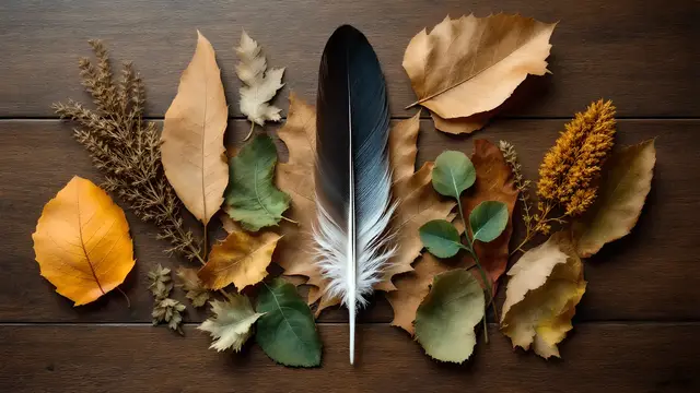 A feather and dried autumn leaves on a wooden table