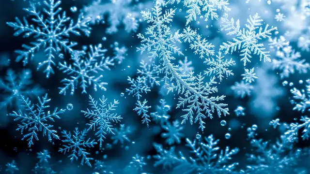 Frost patterns on glass in cool blue-white tones