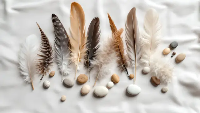 Feathers and smooth pebbles on a linen cloth