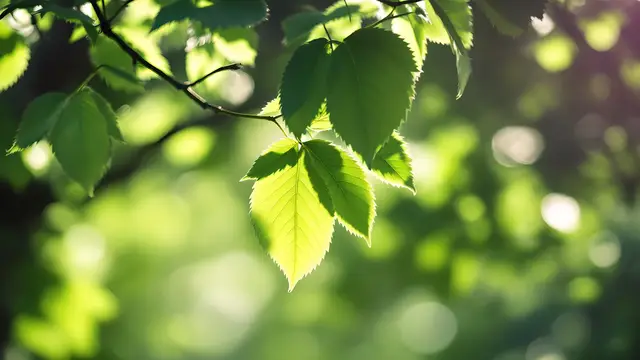 Sunlight filtering through tree leaves with soft green light behind